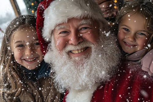 A smiling Santa Claus stands outdoors in the snow with delighted children, his fluffy white beard frost-tipped and snowflakes gently falling all around them. photo