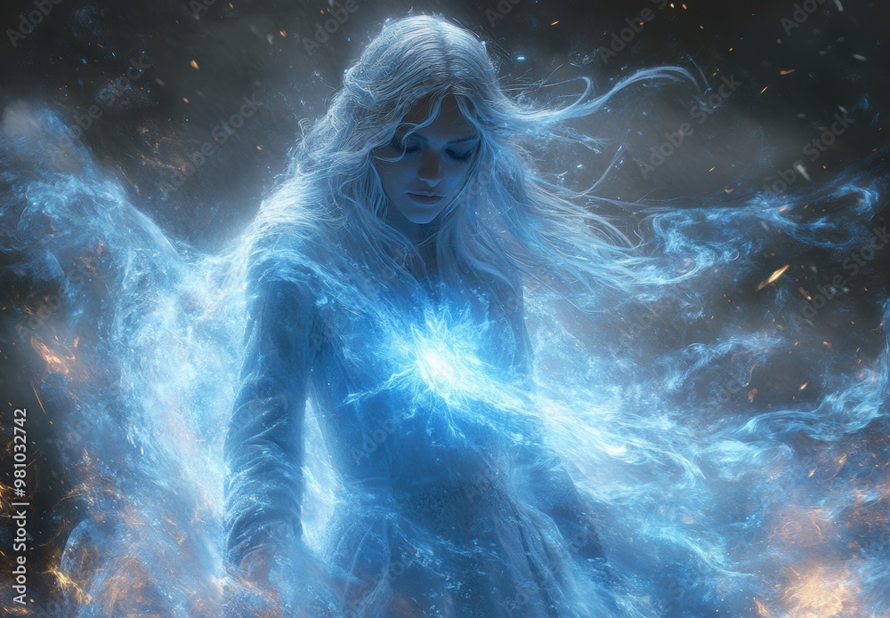 Frozen Flame: A woman with flowing white hair stands amidst a swirling, blue and white ethereal flame, her expression a mixture of power and sorrow. The scene evokes a sense of magic, mystery, and the Frozen Flame: A woman with flowing white hair stands amidst a swirling, blue and white ethereal flame, her expression a mixture of power and sorrow. The scene evokes a sense of magic, mystery, and the