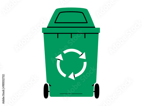 Hand drawn cute cartoon illustration of green garbage can with wheel. Flat vector recycling trash bin, environmental pollution design in doodle style. Ecology sticker, icon. Waste sorting. Isolated.