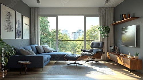 Bright and modern living room with a cozy couch, large window, and stylish decor offering a relaxing indoor atmosphere.