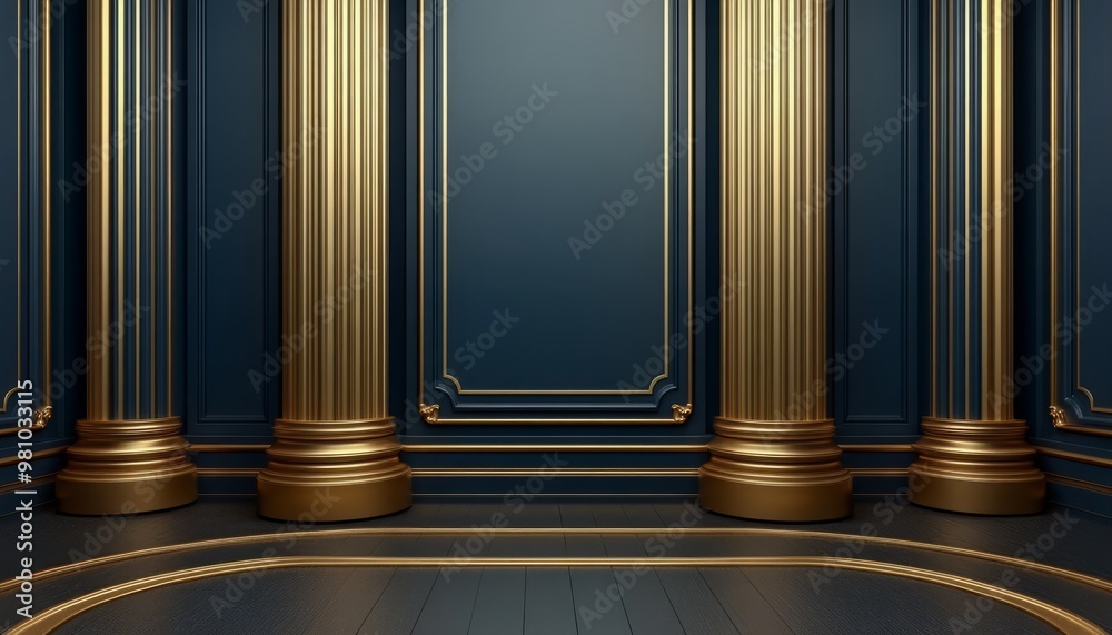 Three Golden Columns Flanking a Dark Blue Wall with a Gold-Trimmed Panel Three Golden Columns Flanking a Dark Blue Wall with a Gold-Trimmed Panel
