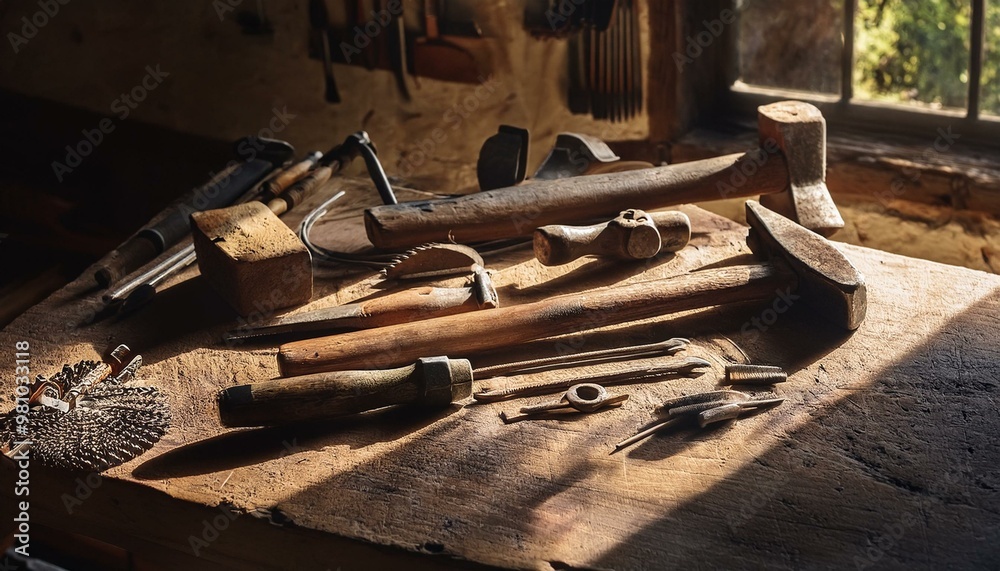 A collection of old, worn-out tools such as hammers, chisels, and pliers, placed on a dusty stone bench in a dimly lit workshop.