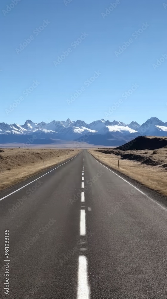 Road to the Peaks: A captivating vista of an endless asphalt road stretching towards a majestic snow-capped mountain range, inviting adventure and exploration. Road to the Peaks: A captivating vista of an endless asphalt road stretching towards a majestic snow-capped mountain range, inviting adventure and exploration.