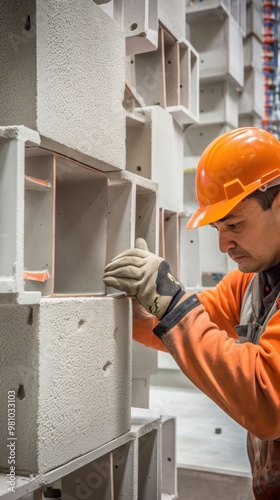 Construction Worker Inspecting Precast Concrete Panels: A skilled worker meticulously inspects a precast concrete panel, ensuring quality and precision in a modern construction site. The image evokes 