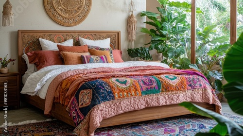 Cozy bohemian bedroom featuring a vibrant quilt and lush greenery, creating a serene and inviting atmosphere.