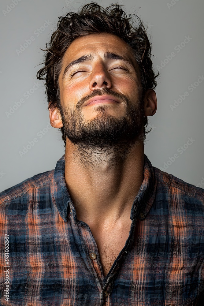 Fototapeta premium Smiling man in plaid shirt with eyes closed standing against gray background