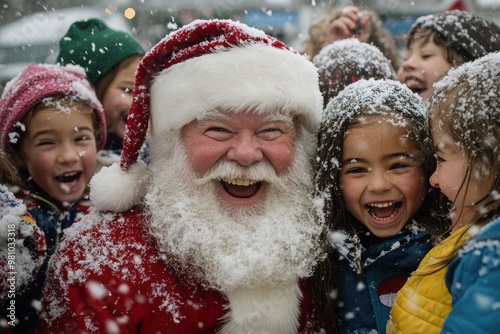 A magical holiday scene of Santa Claus, surrounded by delighted children, all sharing joyous smiles amidst gently falling snowflakes, embodying festive cheer.