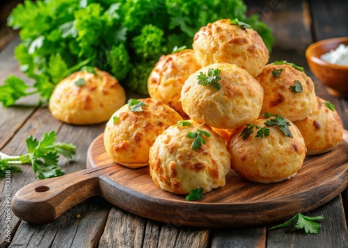 Vibrant, close-up shot of crispy, golden-brown Brazilian-style cheese bread, fresh from the oven, on a rustic wooden