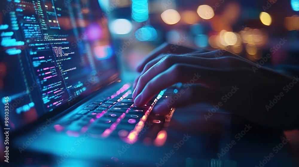 Close-up of hands typing on a backlit laptop, showcasing vibrant colors and code on the screen in a dark environment. Close-up of hands typing on a backlit laptop, showcasing vibrant colors and code on the screen in a dark environment.
