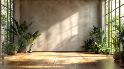 A serene interior space with large windows, wooden flooring, and lush plants, perfect for relaxation and natural light.