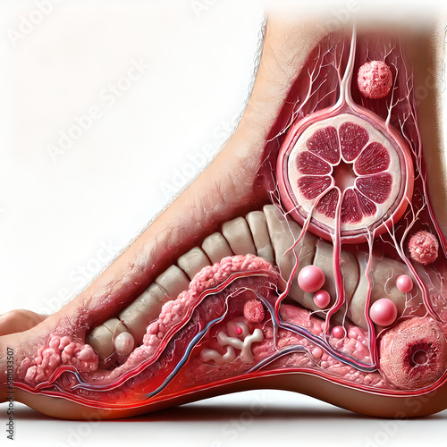 Foot anatomy: diabetic foot ulcer developing on the sole of the foot. ulcer’s location near the ball of the foot, with surrounding areas showing signs of infection or poor circulation.