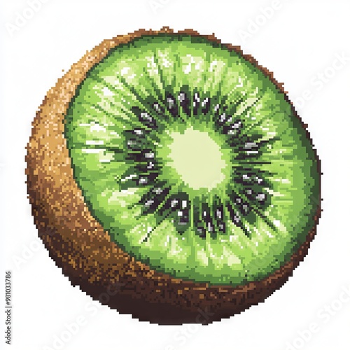 Pixel Art Slice of Kiwi Fruit with Detailed Texture on White Background