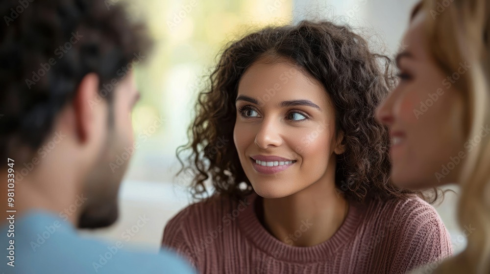 A woman looking enviously at a happy couple. A woman looking enviously at a happy couple.