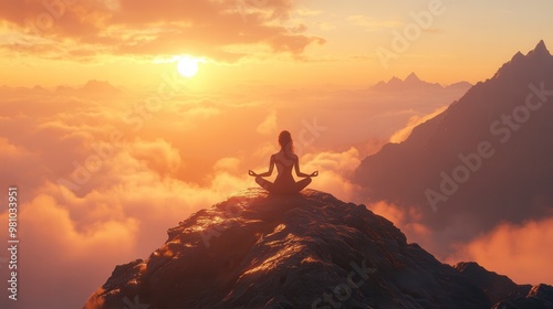 Woman meditating on a mountain peak at sunset