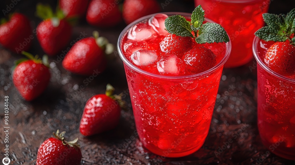 Refreshing strawberry drinks with mint served in clear cups on a dark wooden table