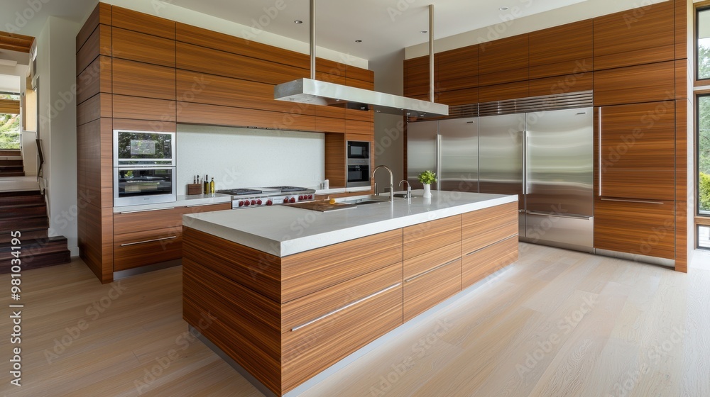 Modern kitchen with sleek wooden cabinetry, spacious island, and stainless steel appliances. Bright and inviting cooking space. Modern kitchen with sleek wooden cabinetry, spacious island, and stainless steel appliances. Bright and inviting cooking space.