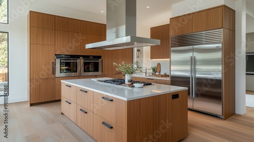 Modern kitchen with wooden cabinets, stainless steel appliances, and sleek design, perfect for contemporary living.