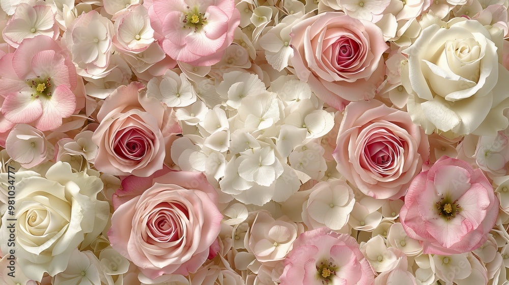 Delicate Bouquet of Pastel Pink Roses and White Hydrangeas, Floral Background Texture Delicate Bouquet of Pastel Pink Roses and White Hydrangeas, Floral Background Texture