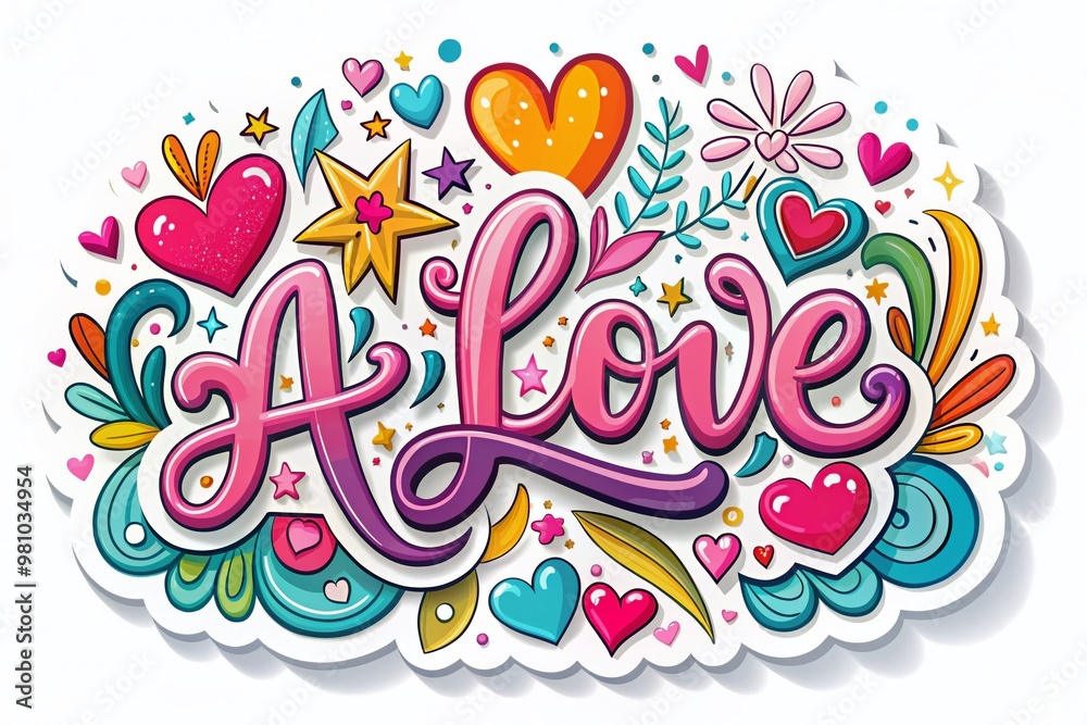 Fototapeta premium Vibrant, colorful sticker with bold, cursive script forming the words