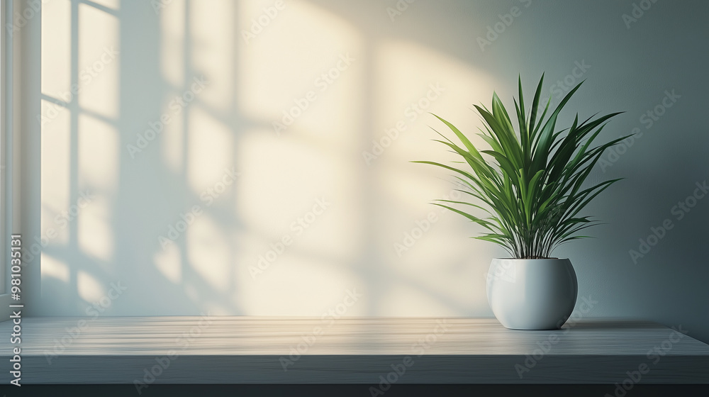 A serene indoor scene featuring potted plant on wooden surface, illuminated by soft sunlight casting gentle shadows on wall. A serene indoor scene featuring potted plant on wooden surface, illuminated by soft sunlight casting gentle shadows on wall.