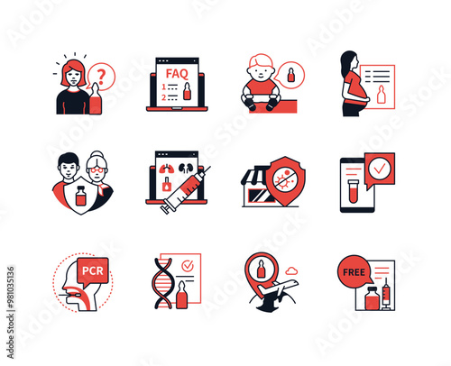 Vaccination - modern line design style icons set with editable stroke. Medicine for adults, pregnant women and children, doubts, PCR test, free injection, risk group, concern for public health idea