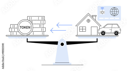 A scale balances stacks of TOKEN coins against a house and car. Ideal for finance, blockchain, cryptocurrency, investment, digital economy. Minimalist vector style.