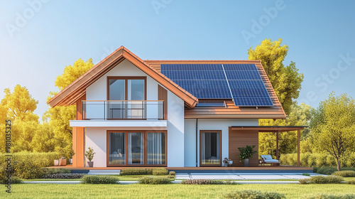 Modern house with solar panels, surrounded by greenery and blue sky, showcasing sustainable living and contemporary architecture.
