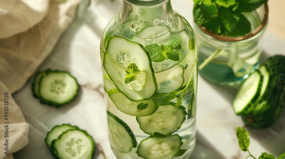 Refreshing cucumber and mint infused water served in a glass bottle Refreshing cucumber and mint infused water served in a glass bottle