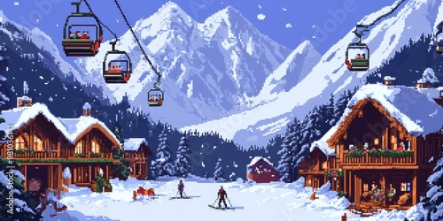 Pixel Art Winter Village with Skiers and Cable Cars in Snowy Mountains photo