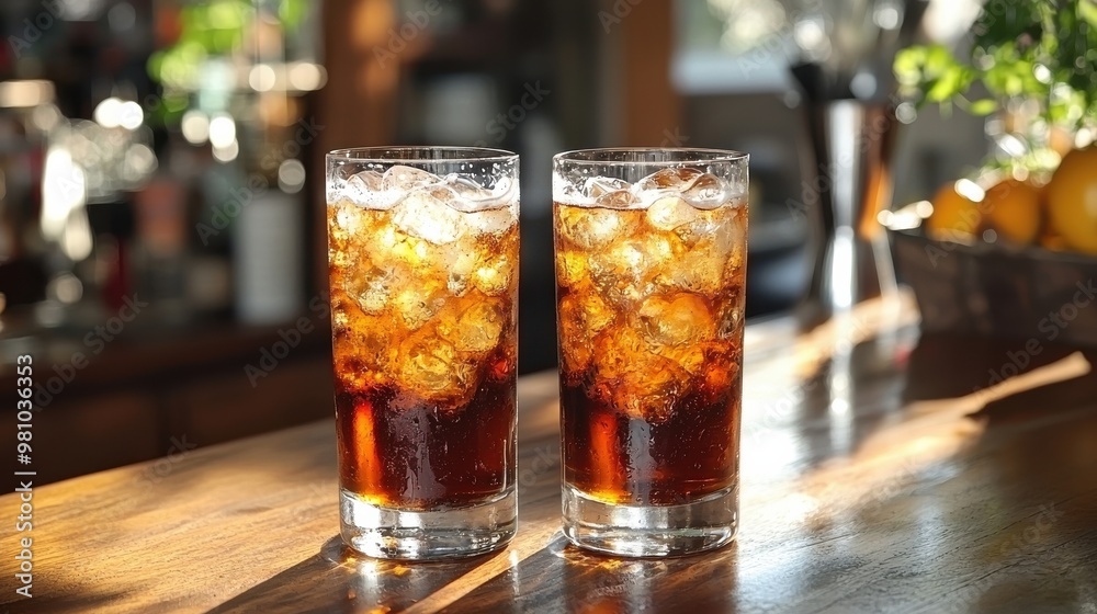 Refreshing iced beverages served in tall glasses on a wooden bar counter during a sunny afternoon Refreshing iced beverages served in tall glasses on a wooden bar counter during a sunny afternoon
