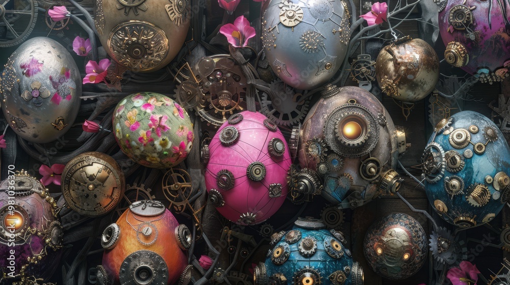 Easter background with a steampunk twist, where eggs are adorned with gears, cogs, and vintage mechanical details. Easter background with a steampunk twist, where eggs are adorned with gears, cogs, and vintage mechanical details.