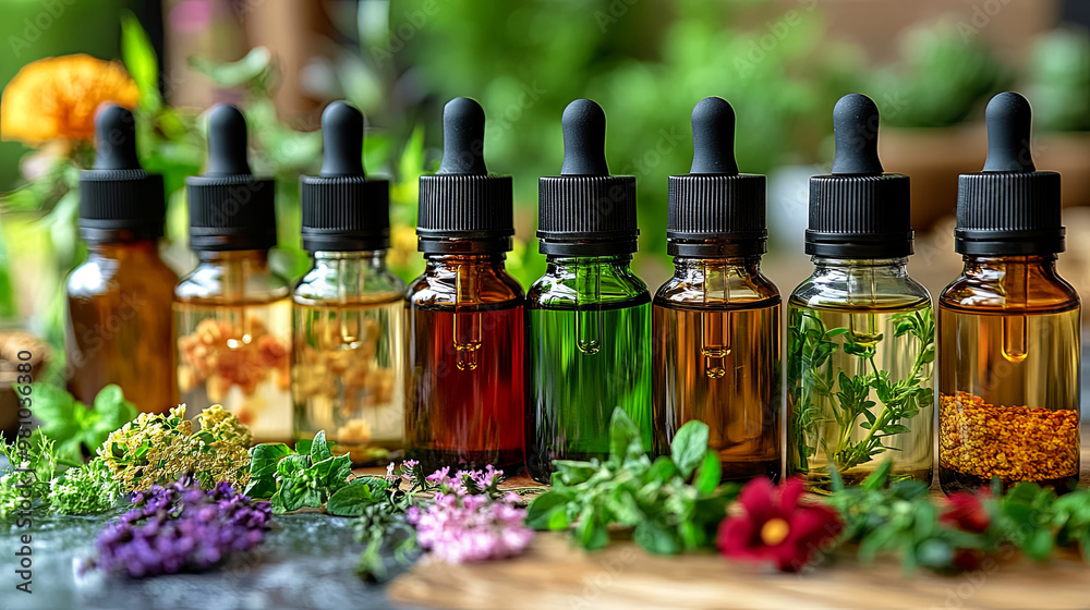 A Diverse Array of Herbal Tinctures Displayed on a Wooden Surface Surrounded by Fresh Herbs in a Natural Light Setting A Diverse Array of Herbal Tinctures Displayed on a Wooden Surface Surrounded by Fresh Herbs in a Natural Light Setting