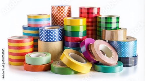 Assorted colorful rolls of adhesive tape in various sizes and shapes stand upright on a clean white background, awaiting creative use.