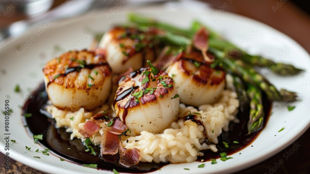 Seared scallops served over a bed of creamy risotto, garnished with crispy prosciutto and a drizzle of balsamic glaze, accompanied by a side of roasted asparagus and a sprinkle of chopped parsley Seared scallops served over a bed of creamy risotto, garnished with crispy prosciutto and a drizzle of balsamic glaze, accompanied by a side of roasted asparagus and a sprinkle of chopped parsley