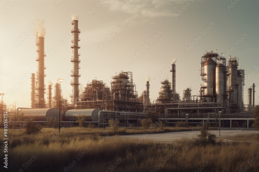 Industrial Sunset: A sprawling oil refinery bathed in the golden hues of sunset, highlighting the complex network of pipes and towers against a dramatic sky. Industrial Sunset: A sprawling oil refinery bathed in the golden hues of sunset, highlighting the complex network of pipes and towers against a dramatic sky.