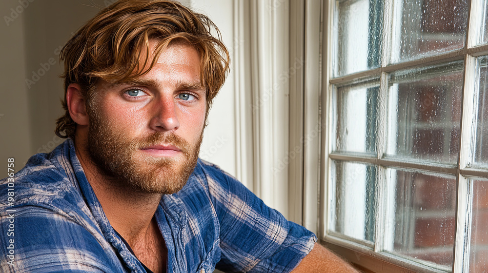 A Young Man With Striking Blue Eyes and a Beard Gazes Thoughtfully out the Window on a Rainy Day A Young Man With Striking Blue Eyes and a Beard Gazes Thoughtfully out the Window on a Rainy Day