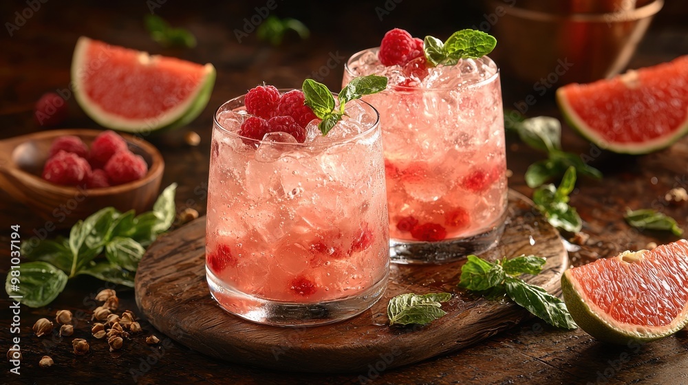 Refreshing raspberry cocktails served with mint and grapefruit garnishes on a rustic wooden surface in a cozy setting Refreshing raspberry cocktails served with mint and grapefruit garnishes on a rustic wooden surface in a cozy setting