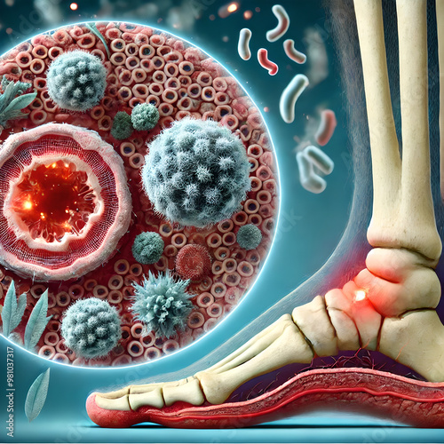 Foot anatomy: diabetic foot ulcer developing on the sole of the foot. ulcer’s location near the ball of the foot, with surrounding areas showing signs of infection or poor circulation.
