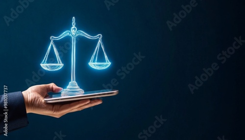 balance scale icon emerging from a digital tablet,Smart Financial and Legal Management, justice and legal technology,Virtual  Balance and Fairness Tools.
