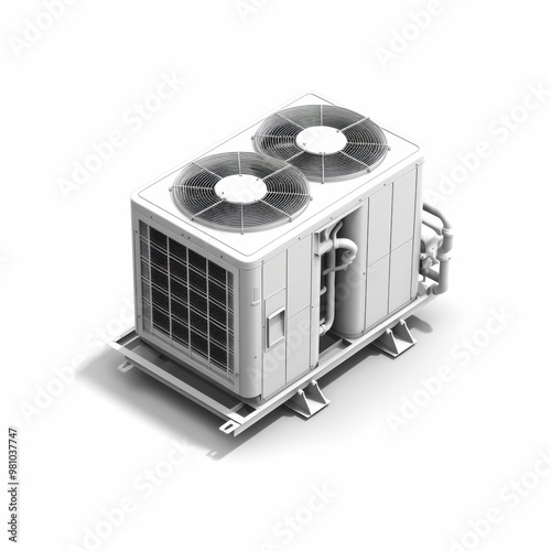 Commercial HVAC Unit: A close-up, isometric view of a white, modern HVAC unit, showcasing its sleek design and powerful functionality. Ideal for showcasing HVAC technology, energy efficiency, and buil