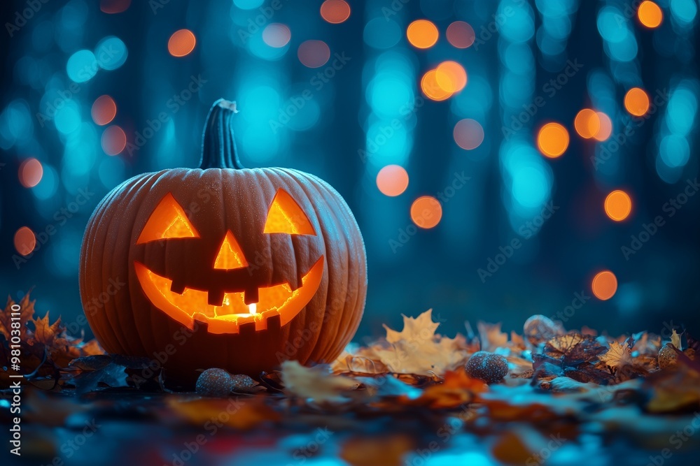 Orange jack-o-lantern pumpkin with bright blue color backgroung for festive Halloween party Orange jack-o-lantern pumpkin with bright blue color backgroung for festive Halloween party