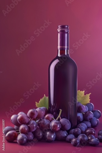 Red Wine Bottle and Grapes: A vibrant, still life image with a bottle of red wine and a bunch of fresh grapes, set against a rich burgundy background. The composition evokes a sense of luxury, sophist photo