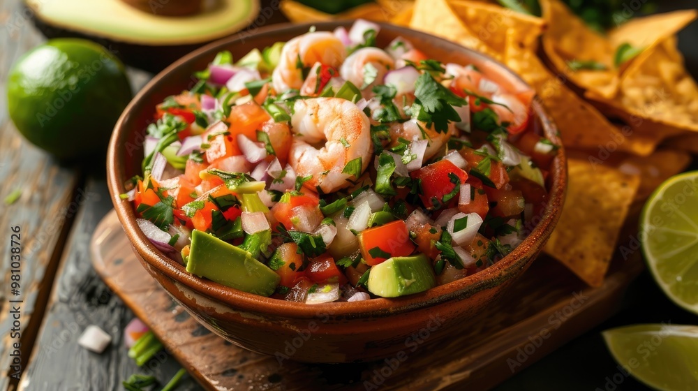 Vibrant shrimp ceviche with diced tomatoes, onions, cilantro, and a squeeze of fresh lime juice, served with crispy tortilla chips and a side of sliced avocado Vibrant shrimp ceviche with diced tomatoes, onions, cilantro, and a squeeze of fresh lime juice, served with crispy tortilla chips and a side of sliced avocado