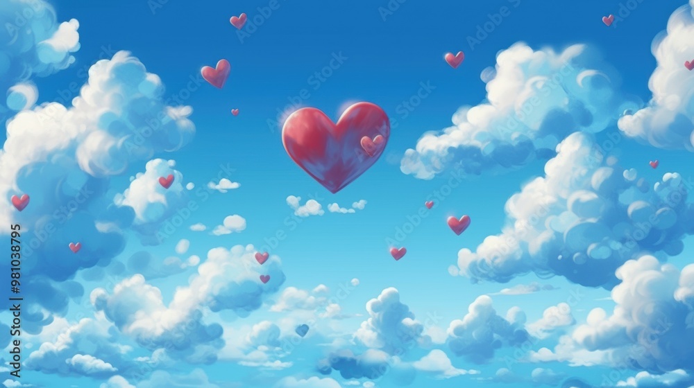 Love in the Clouds: A whimsical and charming illustration of hearts floating in a vibrant blue sky, filled with fluffy white clouds. Perfect for romantic themes, love stories, and expressing heartfelt Love in the Clouds: A whimsical and charming illustration of hearts floating in a vibrant blue sky, filled with fluffy white clouds. Perfect for romantic themes, love stories, and expressing heartfelt