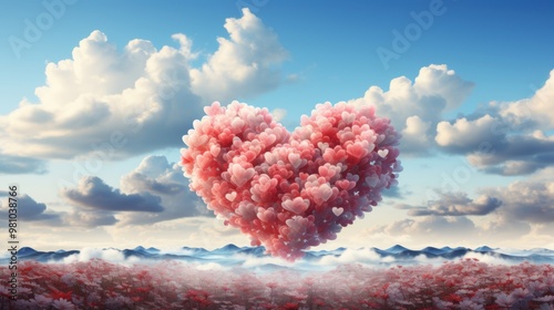 Heart of Love: A gigantic, pink heart made of countless smaller hearts floats amidst a breathtaking sky, symbolizing the boundless power of love. It's a captivating vision of hope, affection, and boun photo