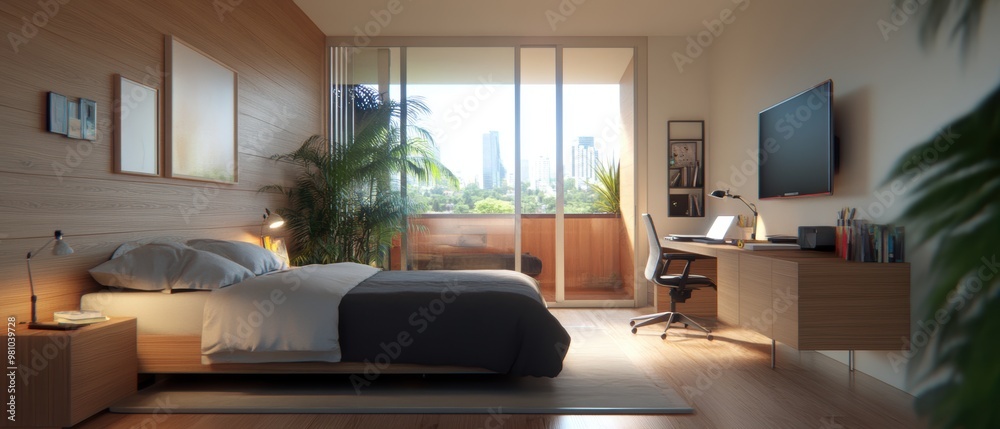 Modern Bedroom with Urban View and Natural Light Modern Bedroom with Urban View and Natural Light