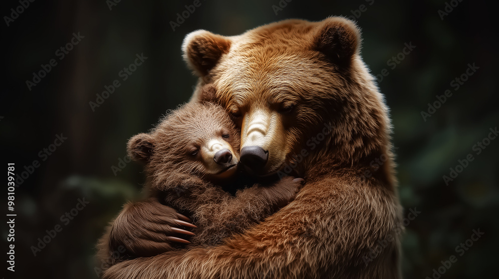 Obraz premium A heartwarming scene of a mother bear embracing her cub, perfect for nature conservation campaigns or educational purposes. Design for Wall Art, Poster Print, Wallpaper & Background