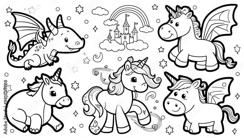 Each page presents a unique scene, from a unicorn prancing under a rainbow to a dragon playing with a butterfly, ensuring hours of coloring entertainment.