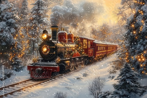 whimsical holiday postcard featuring fairytale locomotive merry christmas scene with magical train evokes nostalgia and wonder in festive illustration photo