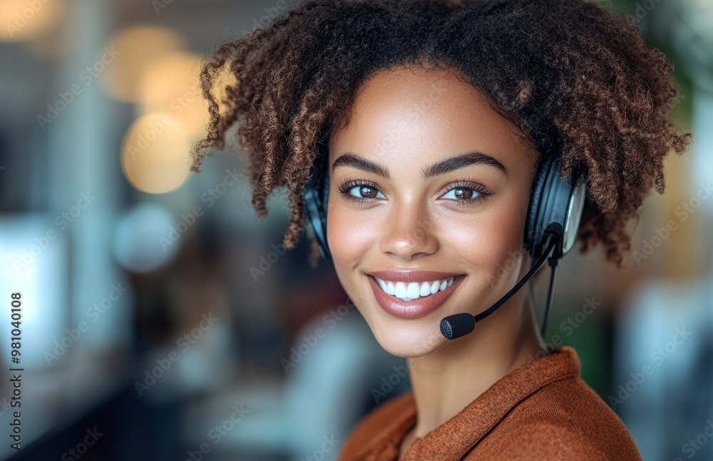 Smiling Black woman call center worker wearing a headset, working on a computer, communicating